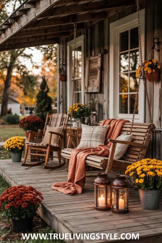 An autumnal farmhouse porch with a wooden porch swing with pillows and an orange throw blanket, two wooden rocking chairs, lanterns, and many potted orange and red chrysanthemums.