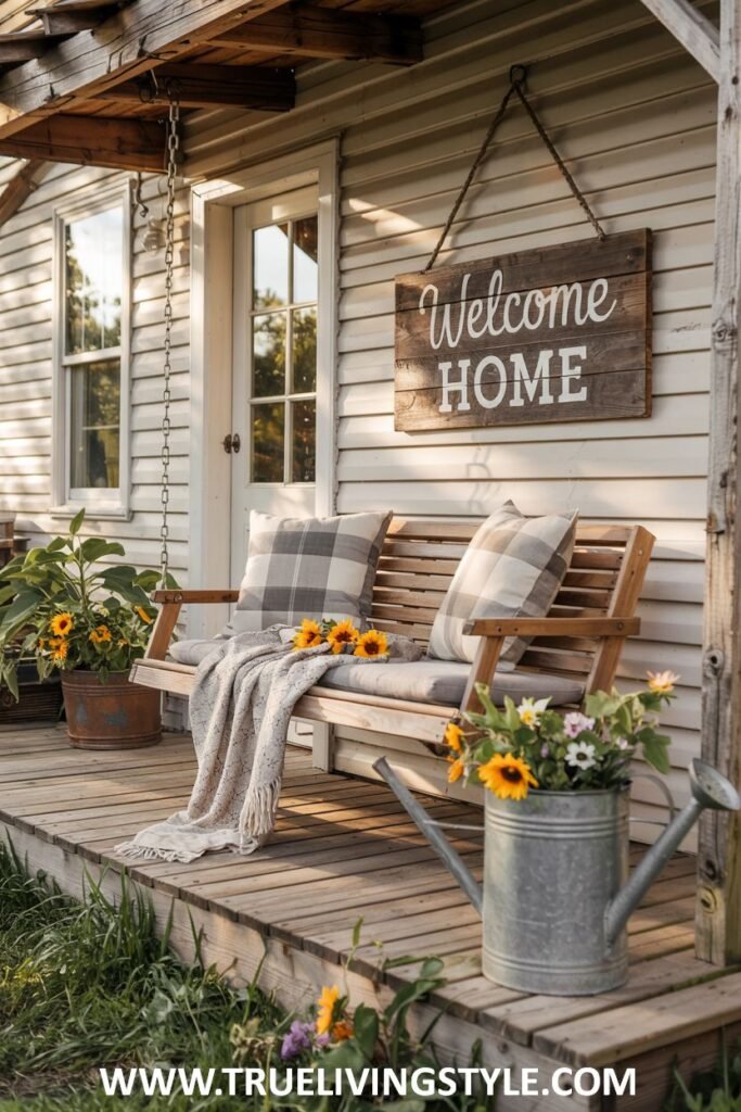 A farmhouse porch with a wooden porch swing featuring plaid pillows and a cream throw blanket, potted sunflowers, a galvanized watering can with flowers, and a "Welcome HOME" sign.