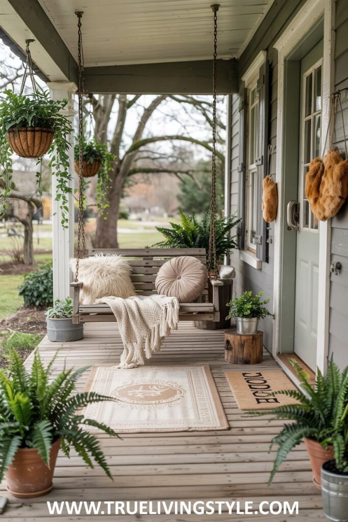 A farmhouse porch with a wooden porch swing featuring neutral-toned pillows and a cream-colored throw blanket, hanging baskets of ferns, potted ferns, and a decorative rug.