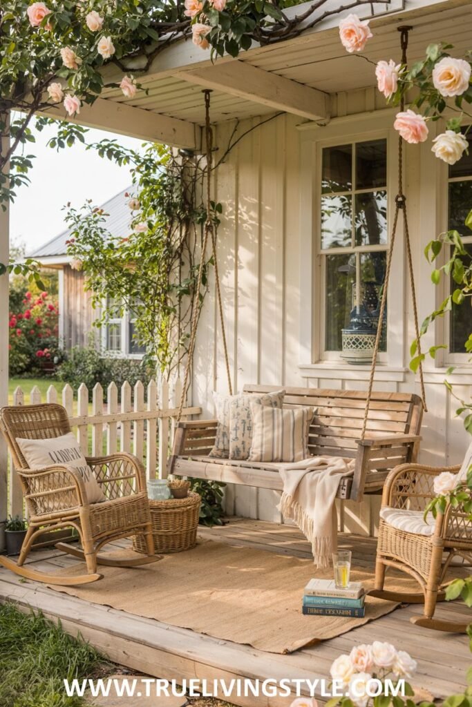 A farmhouse porch featuring a wooden porch swing with striped pillows and a throw blanket, two wicker rocking chairs, a jute rug, a basket, and climbing pink roses along the porch roof.