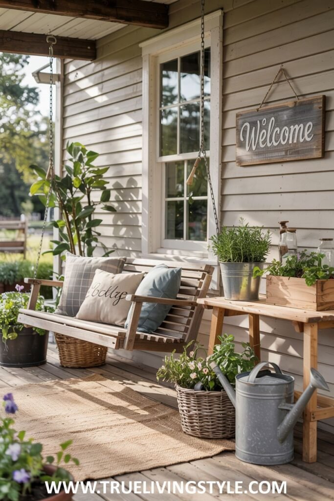 A farmhouse porch with a wooden porch swing featuring plaid and "Gather" pillows, potted plants, a "Welcome" sign hanging on the wall, and a jute rug on the wooden floorboards.