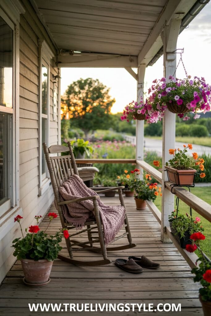 A farmhouse porch with a wooden rocking chair draped with a pink knit blanket, potted red and orange geraniums, hanging baskets of purple and pink flowers, and a view of a sunset or sunrise in the background.