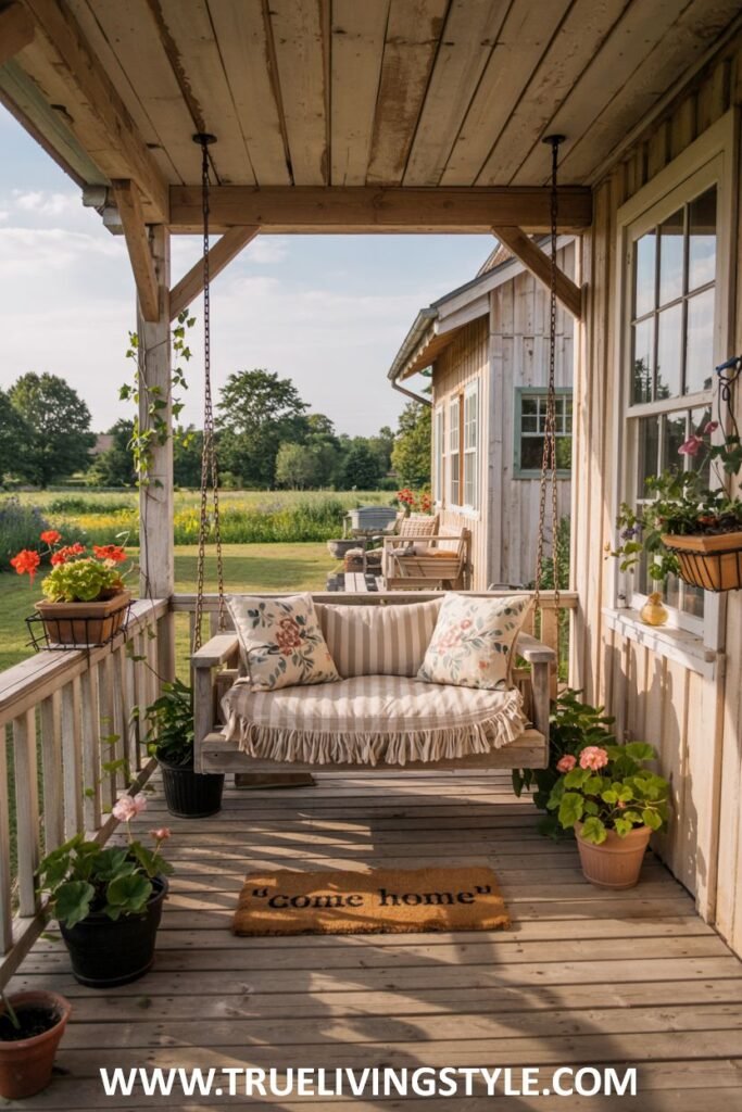 A farmhouse porch with a wooden porch swing featuring floral pillows, a fringed throw blanket, potted red and pink geraniums, a "come home" doormat, and a view of a field in the background.
