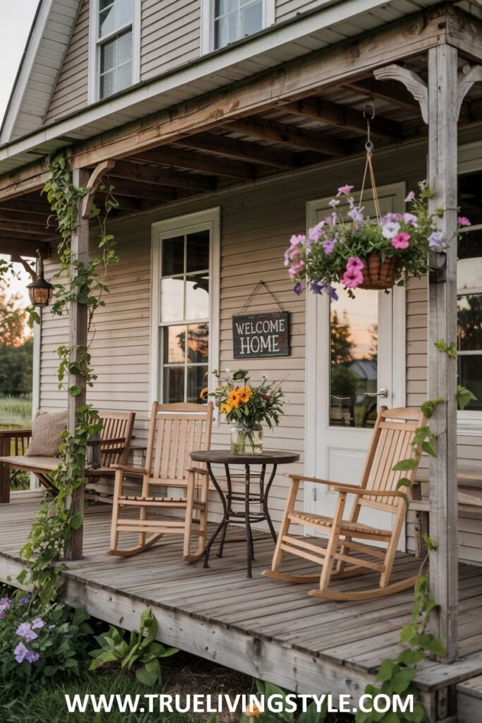 A farmhouse porch with two wooden rocking chairs around a small metal table with a vase of sunflowers, a hanging basket of pink and purple flowers, and a "WELCOME HOME" sign.