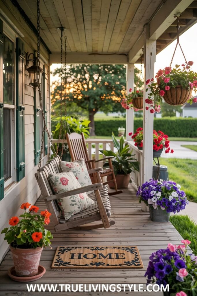 A farmhouse porch with a wooden porch swing with floral pillows, a wooden rocking chair, potted orange geraniums and purple petunias, hanging baskets of pink and purple flowers, and a "HOME" doormat.