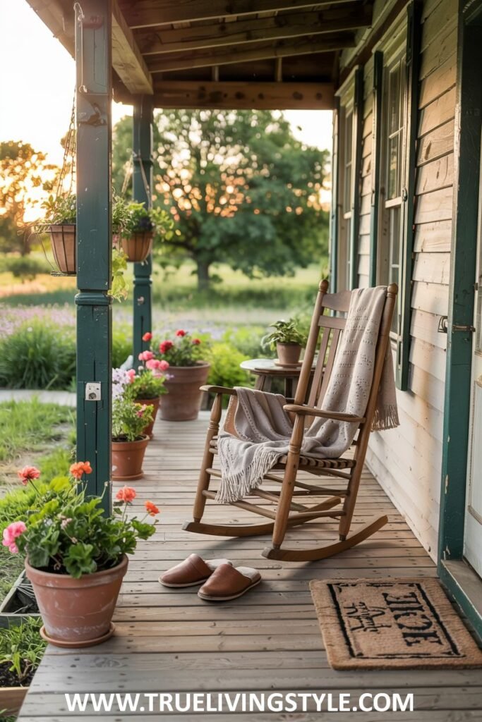 A farmhouse porch with a wooden rocking chair draped with a cream-colored blanket, a small round table, potted orange geraniums, hanging baskets of pink flowers, and a "HOME" doormat with slippers nearby.