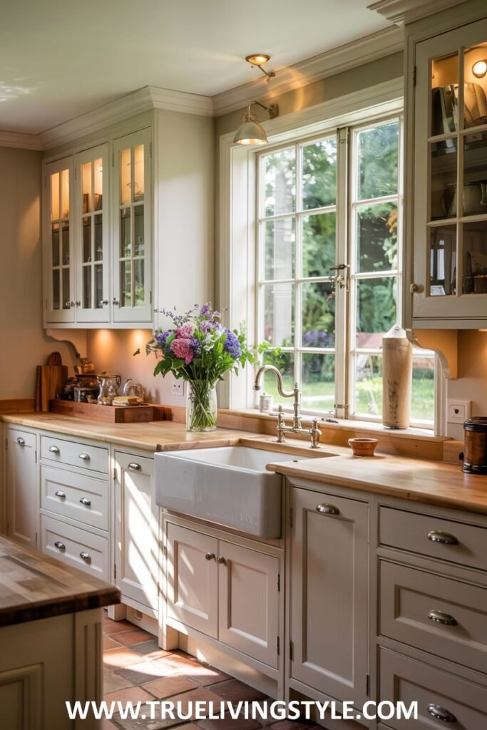 Light and airy kitchen with off-white cabinets, a wooden countertop, a white farmhouse sink, and a large window overlooking greenery. Farmhouse.
