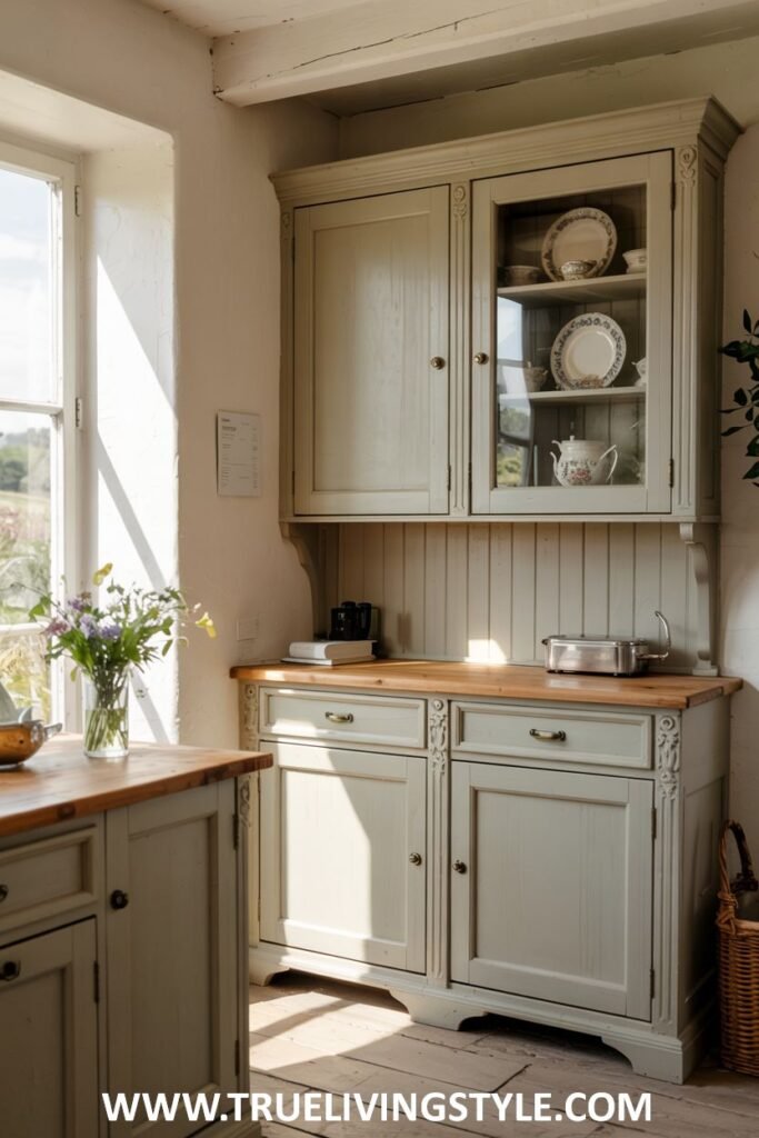 Cozy kitchen corner with a light-colored hutch featuring a glass-fronted upper cabinet, a wooden countertop, and simple lower cabinets. Farmhouse.