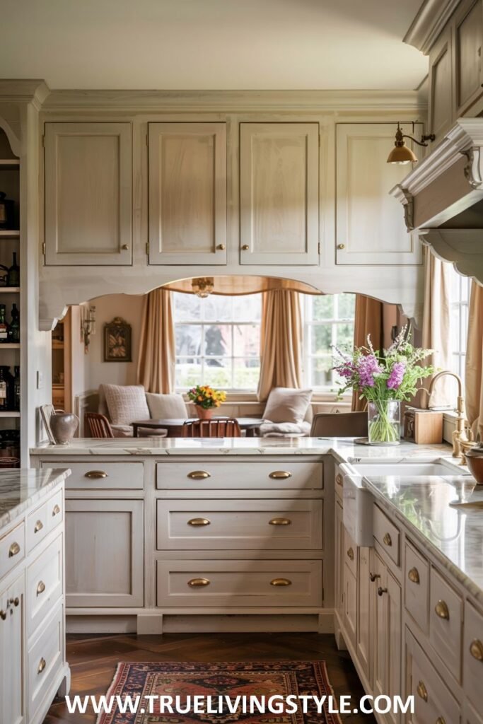 Bright and open kitchen with off-white cabinets, a marble countertop, a white farmhouse sink, brass hardware, and a view into an adjoining room. Farmhouse.