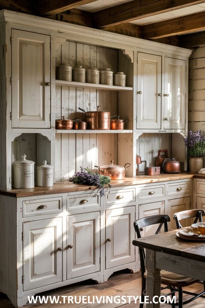 Large white hutch with open shelving displaying jars and copper pots, lower cabinets and drawers, and a wooden countertop. Farmhouse.