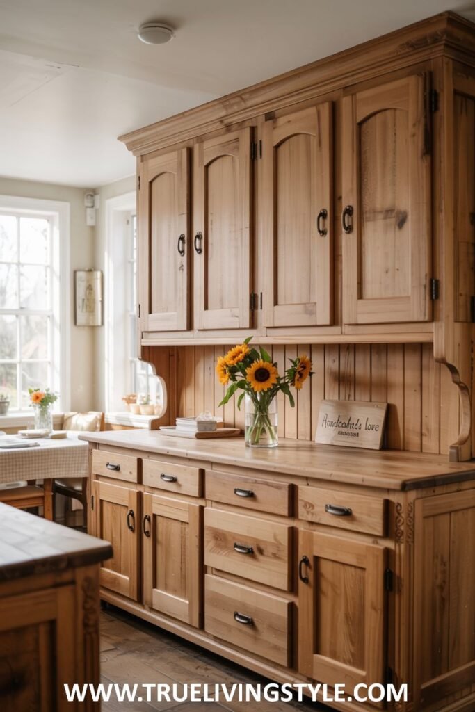 Solid wood hutch with paneled doors and drawers, a wooden countertop with sunflowers, and a sign. Farmhouse.