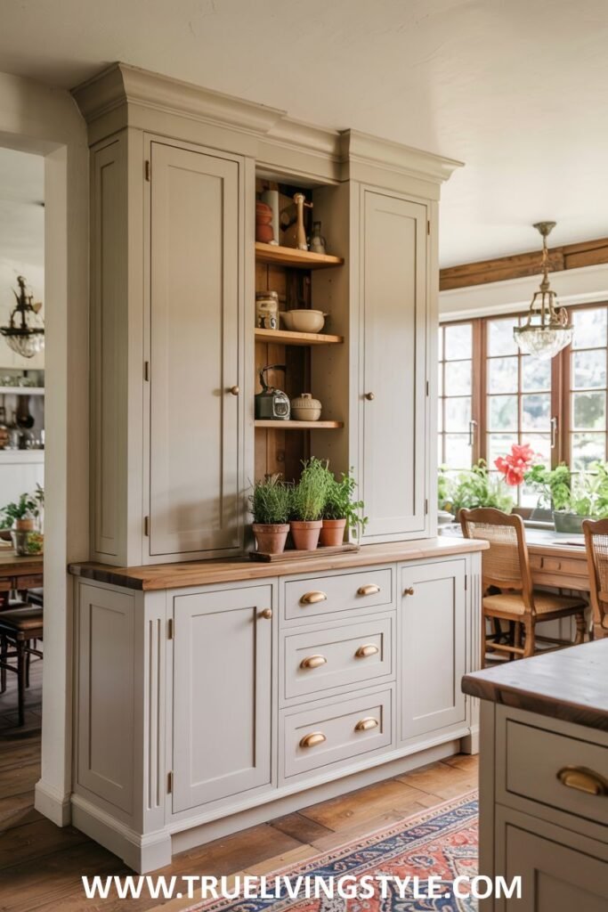 Tall off-white pantry cabinet with open wooden shelves in the center, lower cabinets and drawers, and a wooden countertop with potted herbs. Farmhouse.