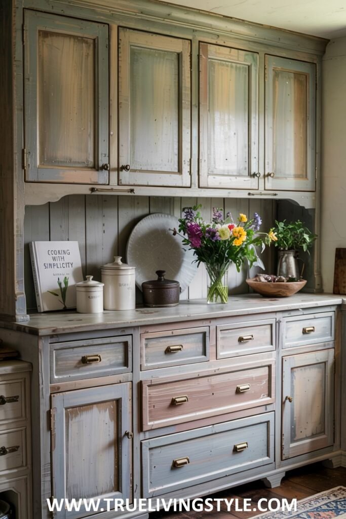 Distressed blue and white hutch with upper and lower cabinets, drawers with brass pulls, and a light-colored countertop with decorative items. Farmhouse.