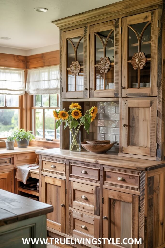Rustic wooden hutch with glass-fronted upper cabinets with decorative details, drawers and lower cabinets, and a wooden countertop with sunflowers. Farmhouse.
