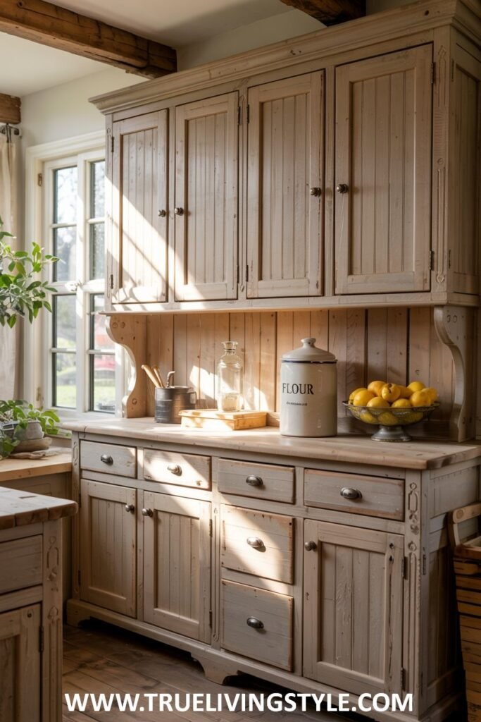 Light brown hutch with upper and lower paneled doors, drawers, and a light-colored countertop with a "FLOUR" canister and fruit bowl. Farmhouse.