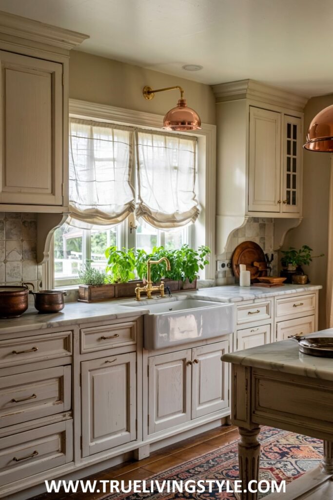 Neutral-toned kitchen featuring a white farmhouse sink, light-colored cabinets with bronze hardware, a wooden countertop, and a window with sheer curtains and plants. Farmhouse.