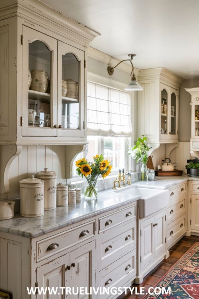 Elegant off-white kitchen with a white marble countertop, a white farmhouse sink, brass fixtures, and glass-fronted upper cabinets. Farmhouse.