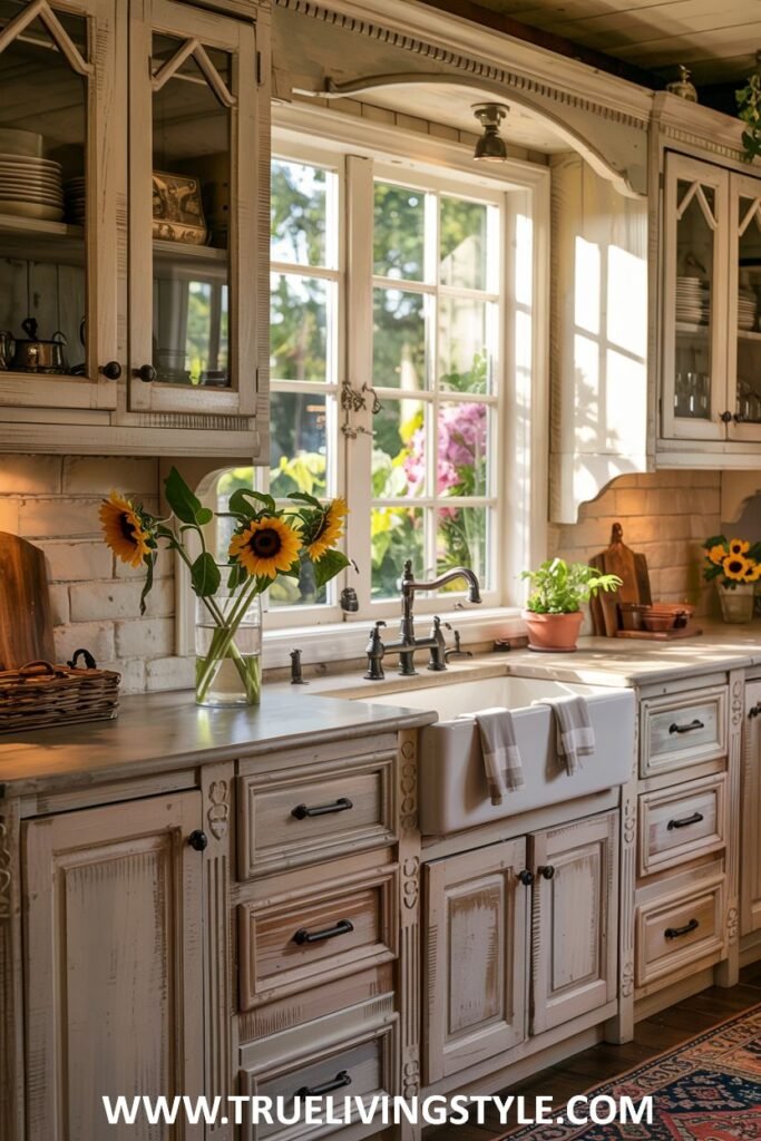 Neutral kitchen with a white farmhouse sink, light-colored cabinets, a light countertop, and glass-fronted upper cabinets. Farmhouse.