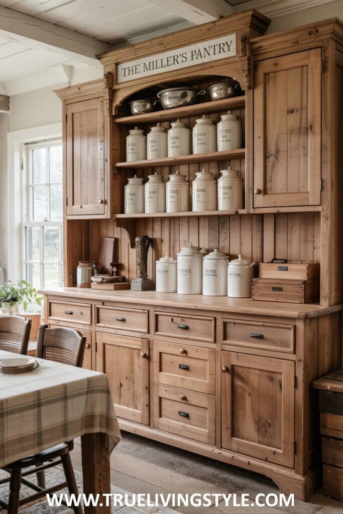 Large wooden pantry labeled "THE MILLER'S PANTRY" with open shelving displaying various jars and dishes, drawers, and lower cabinets. Farmhouse.