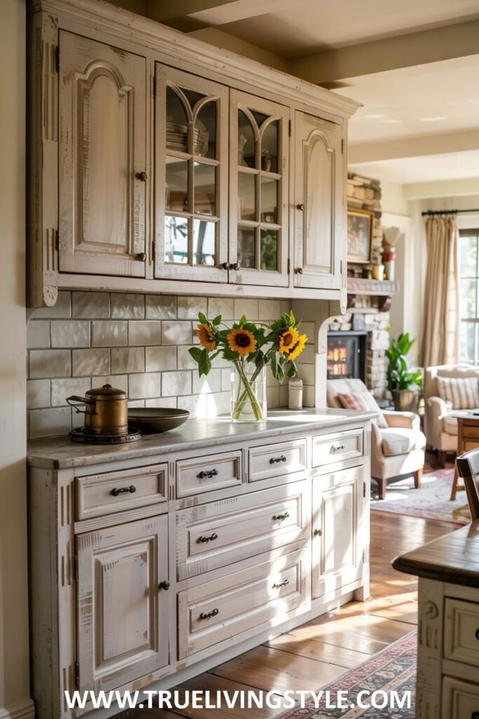 White hutch with glass upper cabinets, drawers, and lower cabinets, with a light countertop and a vase of sunflowers. Farmhouse.