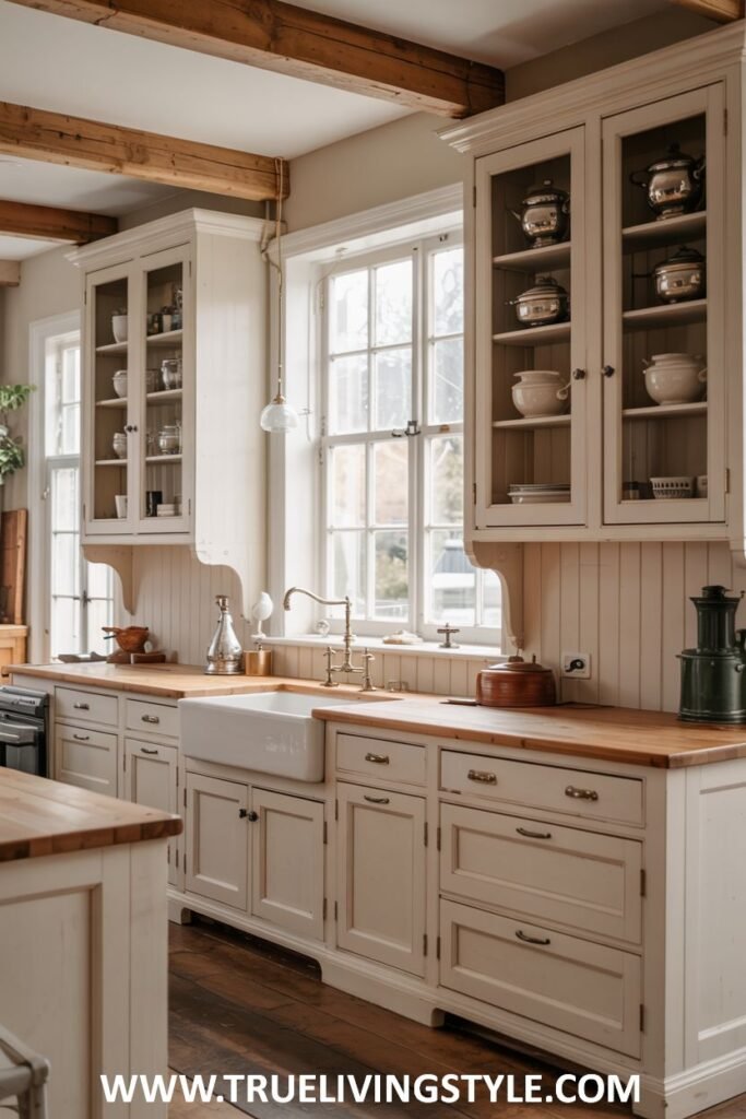 Bright kitchen with off-white cabinets, a wooden countertop, a white farmhouse sink, brass fixtures, and glass-fronted upper cabinets displaying white dishware. Farmhouse.