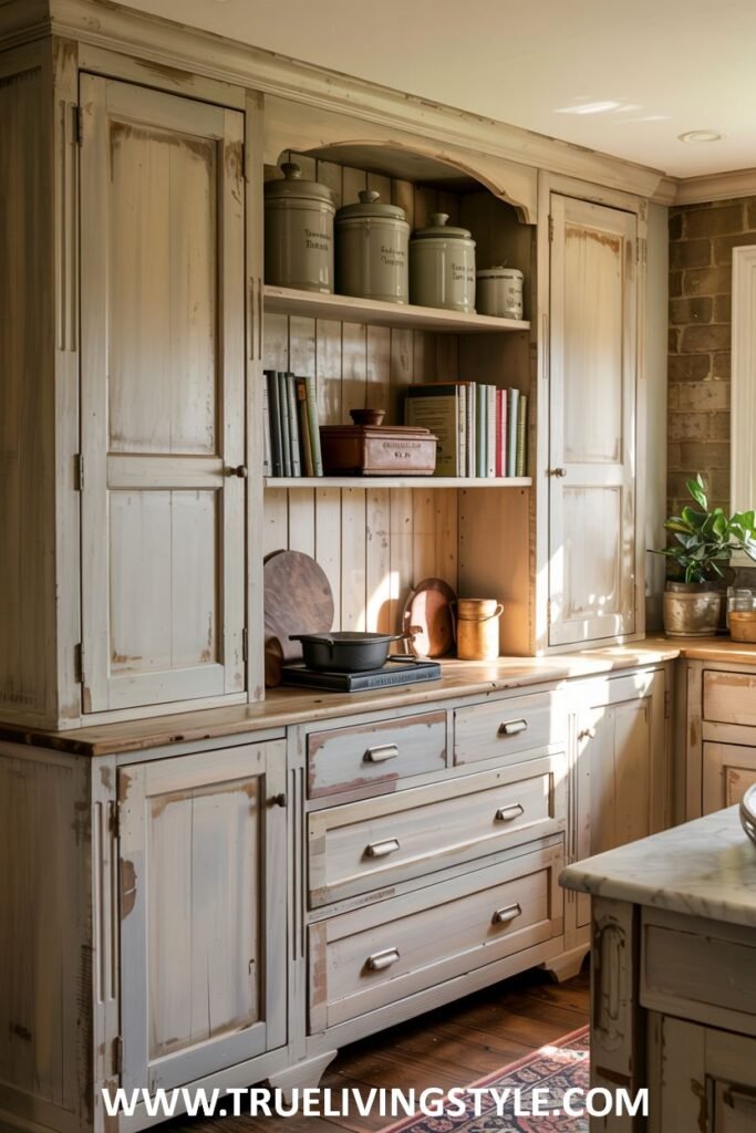 Distressed hutch in shades of white and gray with open shelving displaying jars and books, drawers, lower cabinets, and a light-colored countertop. Farmhouse.