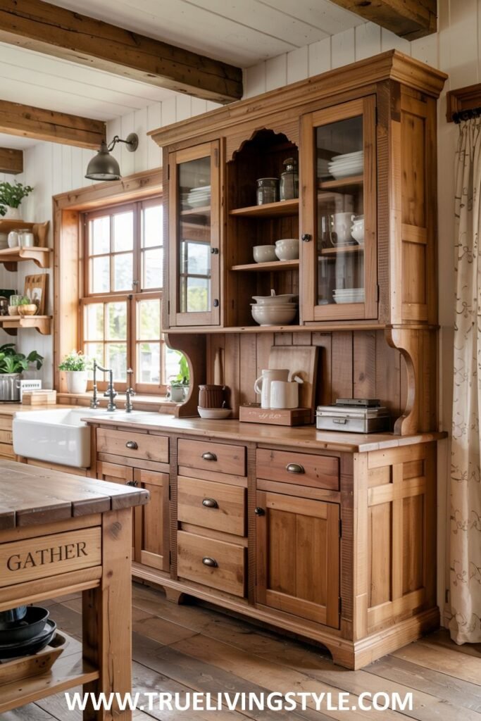 Warm wooden hutch with glass-fronted upper cabinets, drawers, lower cabinets, and a wooden countertop with various kitchen items. Farmhouse.