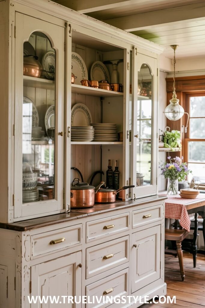 White hutch with glass doors displaying dishes and copperware, drawers, lower cabinets, and a wooden countertop. Farmhouse.