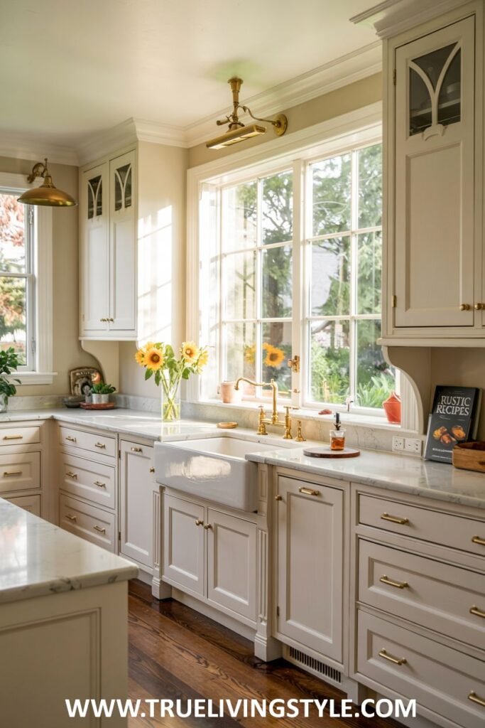 Light and airy kitchen with white cabinets, a white marble countertop, a white farmhouse sink, brass fixtures, and a window with a view of greenery. Farmhouse.