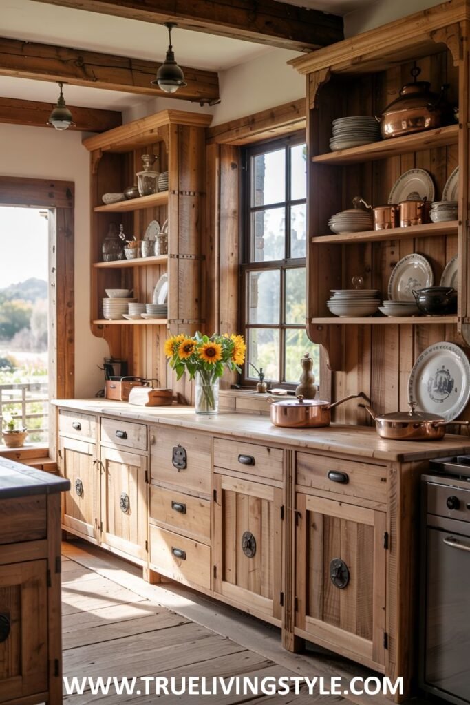 Rustic wooden kitchen with open shelving displaying dishes and copperware, a wooden countertop with sunflowers, and visible wooden beams. Farmhouse.