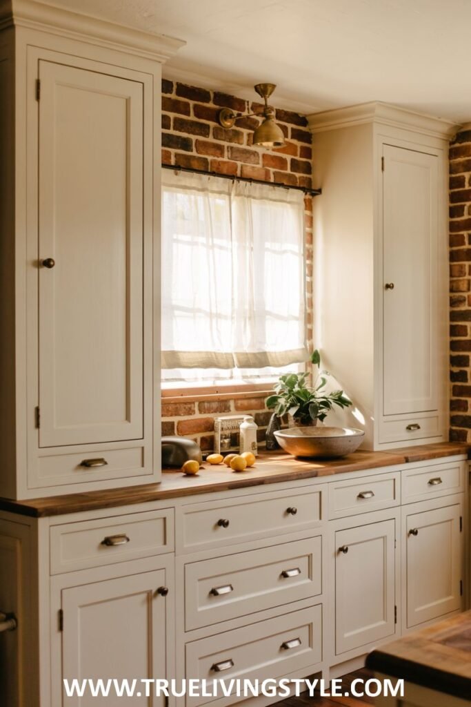 Bright kitchen corner with off-white cabinets, a wooden countertop, a window with a simple curtain, and exposed brick on the wall. Farmhouse.
