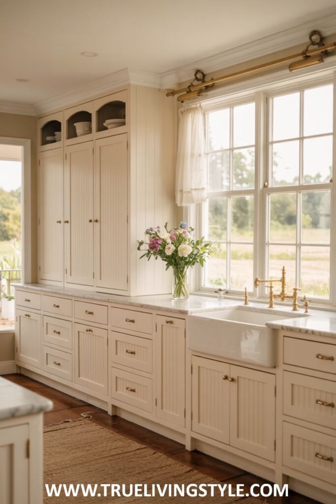 Spacious kitchen with tall off-white cabinets, a white marble countertop, a white farmhouse sink, and large windows with a view of a field. Farmhouse.