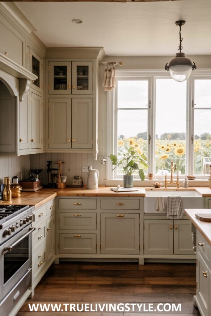 Sage green kitchen with a wooden countertop, a white farmhouse sink, brass fixtures, and a large window showing a field of sunflowers. Farmhouse.