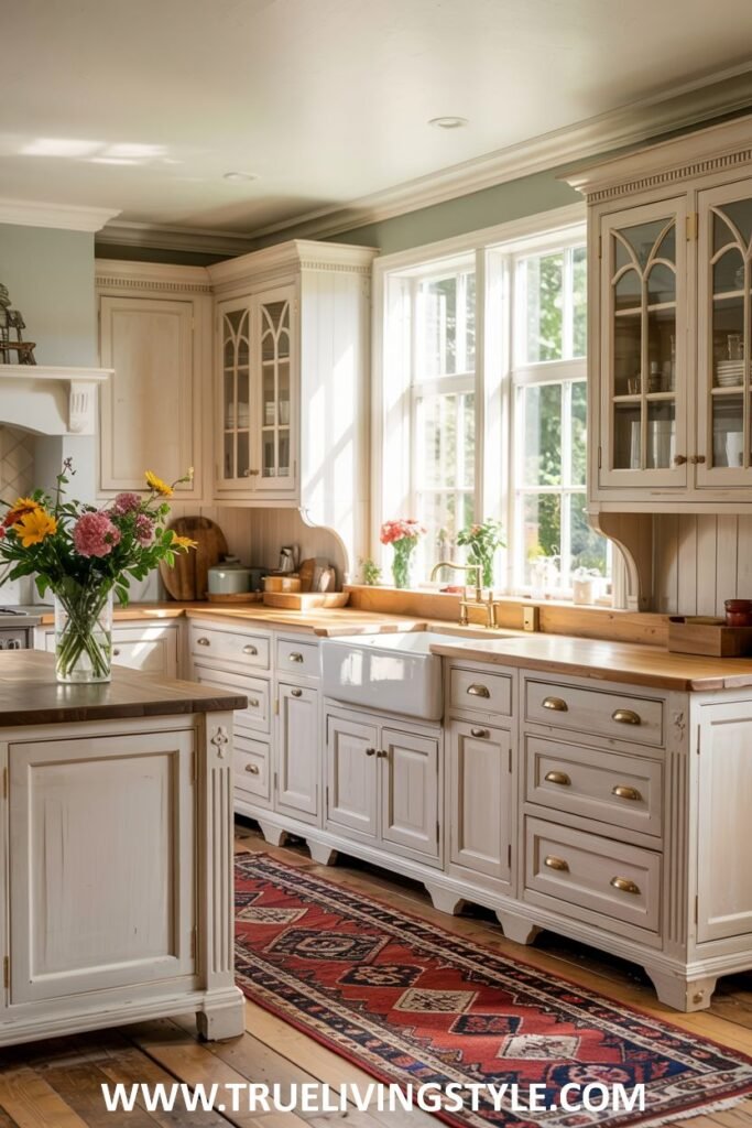 Elegant farmhouse kitchen with off-white cabinets, a wooden countertop, a white farmhouse sink, glass-fronted upper cabinets, and a colorful rug on the wooden floor. Farmhouse.