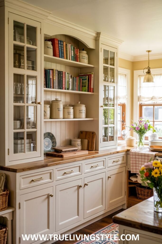 Charming kitchen hutch in off-white with glass doors, open shelving displaying books and jars, a wooden countertop, and a white farmhouse sink visible in the background. Farmhouse.