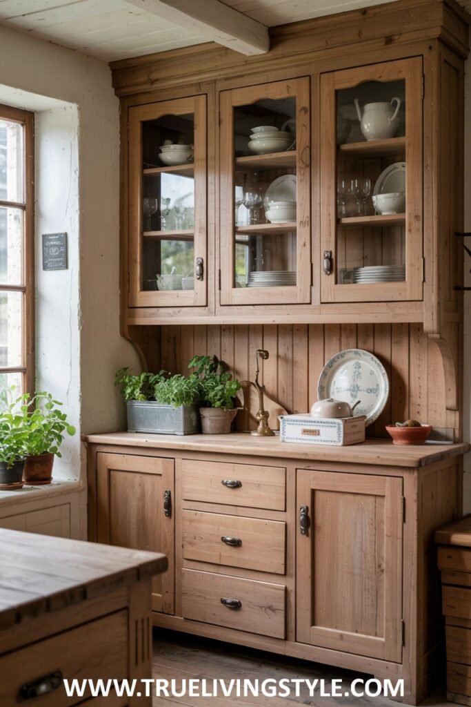 Natural wood hutch with glass-fronted upper cabinets displaying dishes, drawers and lower cabinets, and plants on the wooden countertop. Farmhouse.