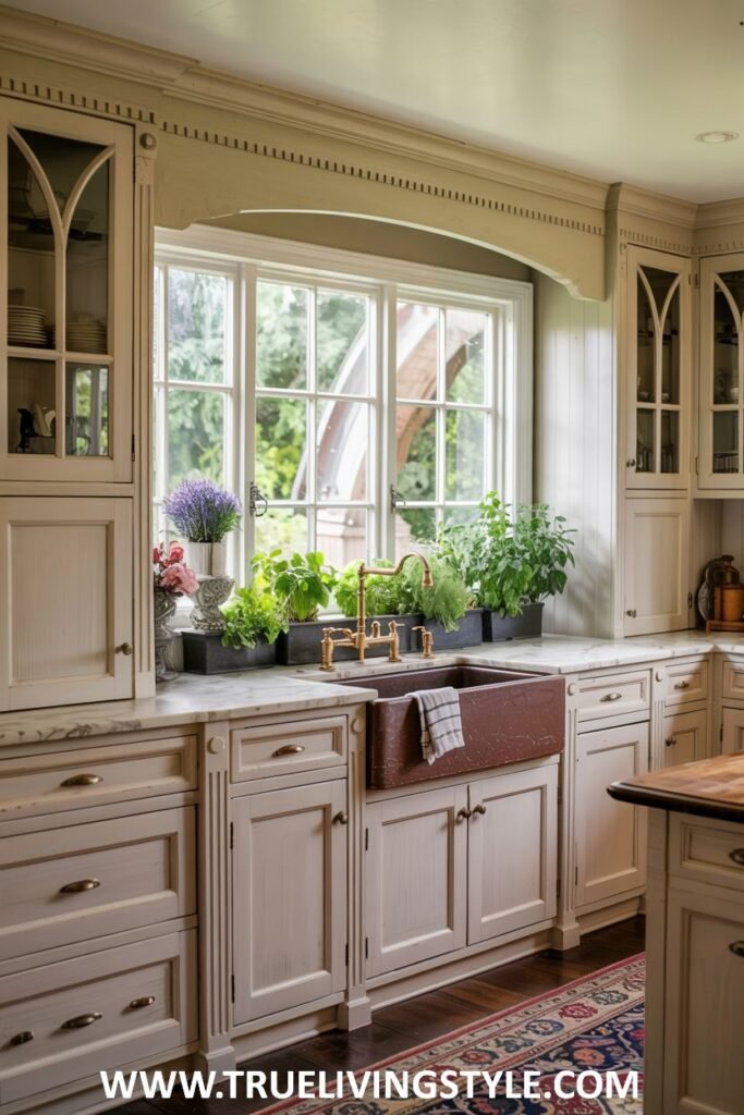 Serene kitchen with light-colored cabinets, a marble countertop, a copper farmhouse sink, brass fixtures, and a large window with plants. Farmhouse.