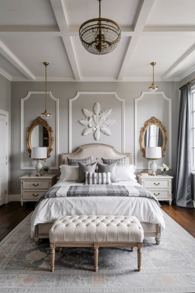 This is a view of a grey and white bedroom with a warm-toned wooden floor. A large bed with white and grey bedding and pillows is centered in the room. There are white nightstands with lamps, a tufted bench at the foot of the bed, and ornate detailing on the grey walls.