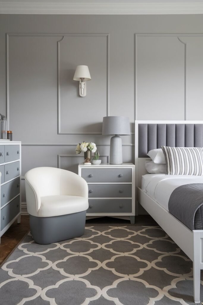 A grey and white bedroom with warm wood-effect flooring is shown. A white bed with grey accents, a grey and white patterned rug, and a two-toned armchair are featured.