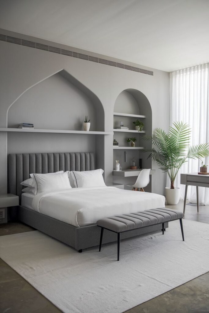 This is a modern grey and white bedroom with a platform bed and a grey tufted bench. The room features built-in shelving and a warm-toned potted plant.