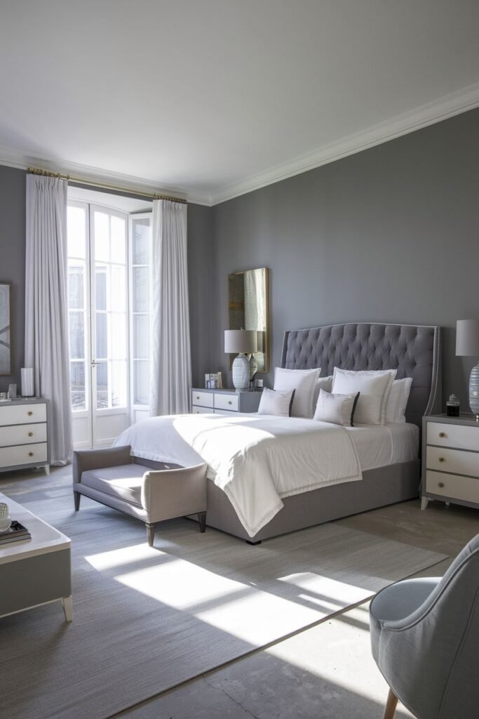 A spacious grey and white bedroom with warm sunlight and wooden floors is captured. The bed has a tufted headboard and white linens. A bench is at the foot of the bed, and there are white nightstands.
