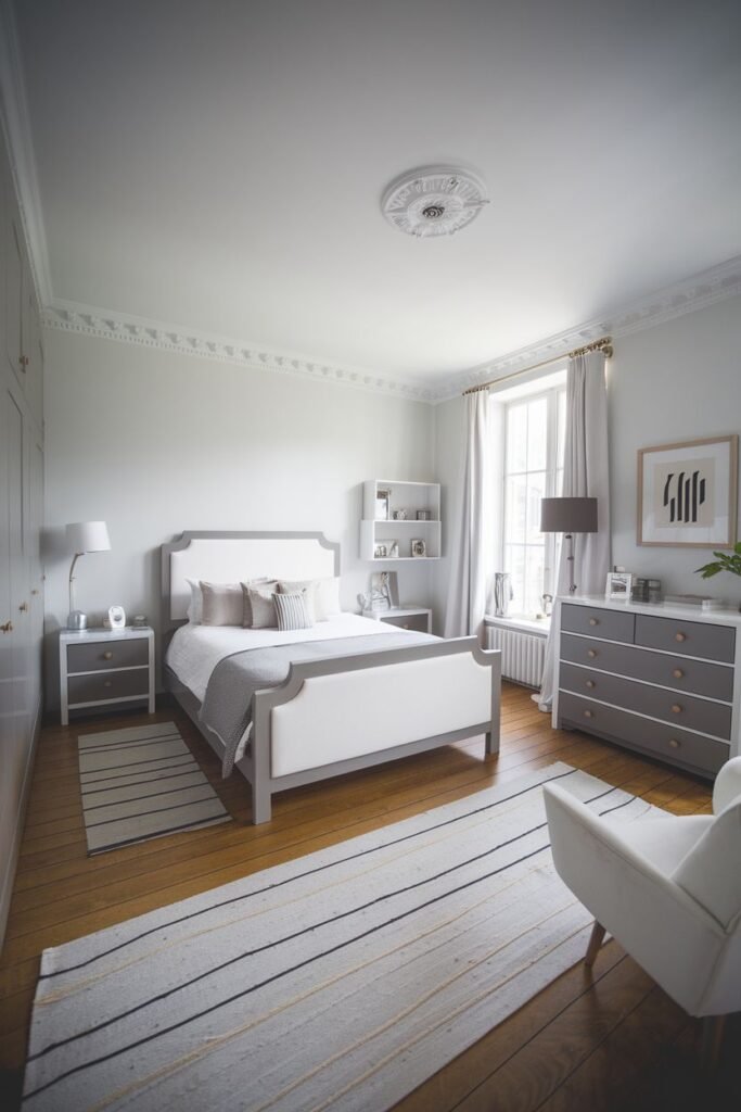 A grey and white bedroom with warm wooden floors and a striped rug is presented. The bed has a white frame and grey accents. A white armchair and a grey dresser are also visible.