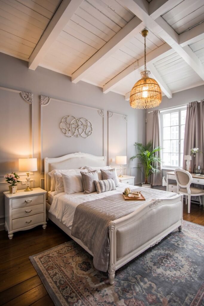 A grey and white bedroom with warm wooden floors and a woven pendant light is shown. The bed has white and neutral bedding. White nightstands and a desk area are visible.
