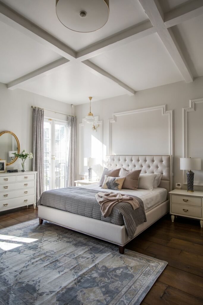 This image depicts a grey and white bedroom with warm wooden floors and coffered ceilings. A tufted headboard bed with neutral-toned bedding and pillows is featured, along with white nightstands.