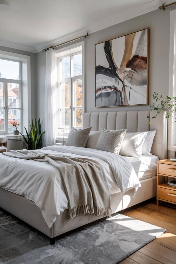 A grey and white bedroom is shown with warm sunlight illuminating the wooden floor and a grey rug. The bed has white linens and textured grey pillows. A wooden nightstand and an abstract painting are visible.