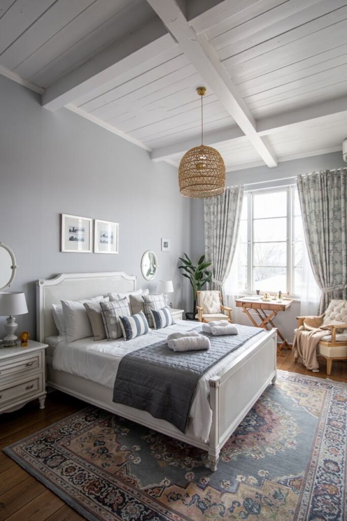 This is a grey and white bedroom with warm wooden floors and a woven pendant light. The bed has white and blue striped bedding. Two armchairs and a small table are also in the room.