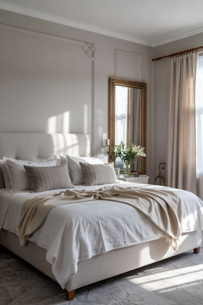 This image captures a grey and white bedroom bathed in warm sunlight streaming through a window. A bed with white linens and taupe pillows and throw is visible. A mirrored bedside table with flowers adds a touch of elegance.