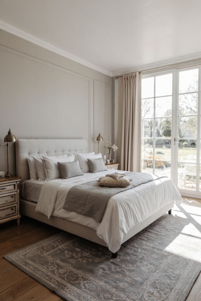 A grey and white bedroom with warm sunlight and wooden floors is captured. The bed has white linens and a grey throw. Two nightstands with lamps are present.