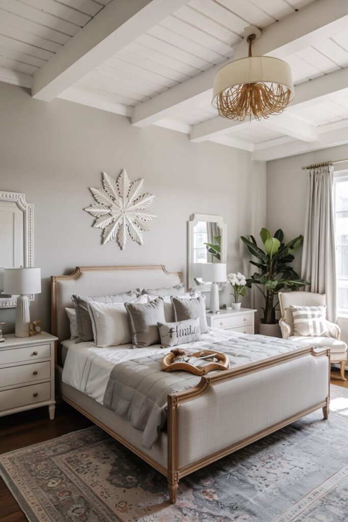 This image shows a grey and white bedroom with warm wooden floors and a decorative pendant light. The bed has white and grey bedding and pillows. White nightstands and a potted plant are visible.