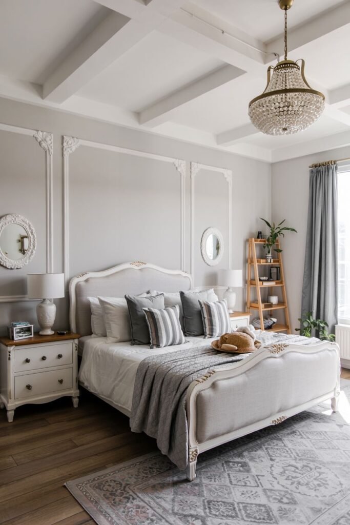 This is a grey and white bedroom with warm wooden floors and a crystal chandelier. The bed has white and grey bedding and pillows. White nightstands and a leaning ladder shelf are visible.